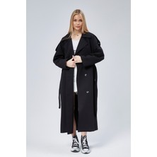 Bolivente Siyah Oversize Astarlı Uzun Trençkot