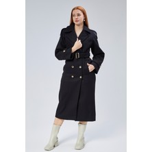 Bolivente Siyah Regular Apolet Detaylı Kruvaze Kaşe Kaban