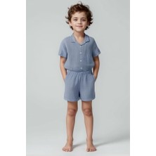 Müslin Mavi Gri Renk Erkek Çocuk Kısa Kol Gömlekli Şort %100 Pamuk Alt Üst Ikili Takım