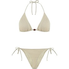 Aquella Ekru Kroşe Üçgen Bikini Takım Kadın Plaj Modası Şık Desenli Yaz Stili