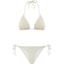 Ekru Dokulu Simli Büzgülü Üçgen Bikini Takım