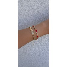 Kırmızı Sıralı ve Kalpli Zincir Bileklik Seti