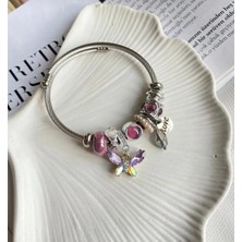 Lisbond Pandora Model Charmlı Pembe Kristal Kelebek Kadın Çelik Hediye Paketi Şeklinde Gönderilir
