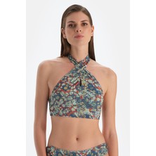 Kiremit-Mavi Halter Yaka Bikini Üst