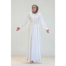 Kolları Lastikli Önü Düğme Detaylı Elbise 6040 Ekru