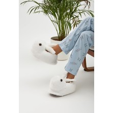 Beyaz Hayvanlı Sessiz Taban Panduf Tavşan Figürlü Peluş Ev Ayakkabısı (GÖZ VİDEO Kİ GİBİ NAKIŞTIR)