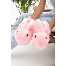 Pembe Hayvanlı Sessiz Taban Panduf Tavşan Figürlü Peluş Ev Ayakkabısı (GÖZ VİDEO Kİ GİBİ NAKIŞTIR)