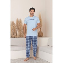Sude Homewear Erkek Ekose Desenli Kısa Kol Pijama Takımı Baskılı 2 Parça Rahat Kullanım İçin Mavi