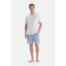 Ekru V Yaka Fleto Cep Detaylı Tişört Şort Pijama Takımı