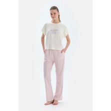 Ekru Baskı Detaylı Kısa Kollu Tişört Pantolon Pijama Takımı