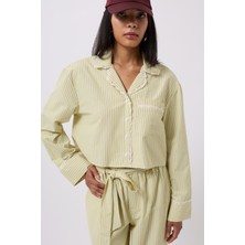 Çizgili Cep Detay Crop Sarı Gömlek