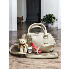 Kadın Krem Anahtarlık Charm Hediyeli Uzun Askılı El ve Çapraz Omuz Çantası