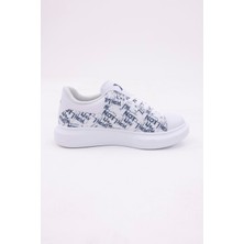 3D Dijital Baskı Erkek Beyaz- Lacivert Yazı Desenli Sneaker