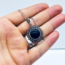 Güneş Model Oltu Taşı Işçilikli 925 Ayar Gümüş Kolye