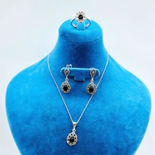 Oltu Taşı işçilikli 925 Ayar Gümüş Yüzük Küpe Kolye Set