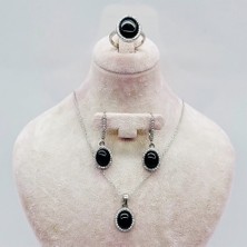  Oltu Taşı İşçilikli 925 Ayar Gümüş Kolye Küpe Yüzük