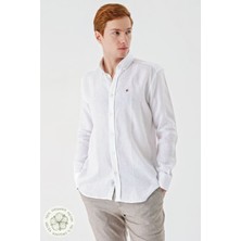İmza Beyaz Uzun Kollu Cepsiz Biyeli %100 Keten Klasik Comfort Fit Rahat Kesim Gömlek 1004240186