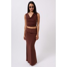 Katlama Bel Detay Maxi Kahverengi Etek