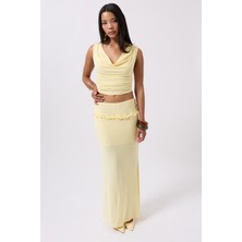 Katlama Bel Detay Maxi Sarı Etek