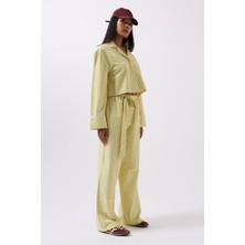 Kuşak Detay Çizgili Sarı Pantolon