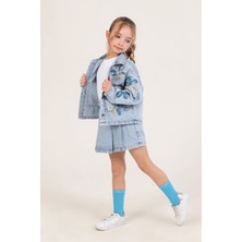 Çiçek Desenli Kot Ceket Etek Kombinli Kız Çocuk Takım