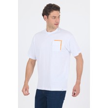Beyaz Kısa Kol Bisiklet Yaka Kapaklı Cep Pamuk Casual Oversize Tişört 1011250131