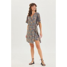 Bohem Desenli Volan Kollu Kısa Tulum Mavi