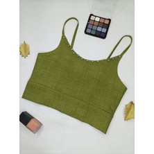 Taşlı Keten Crop Büstiyer