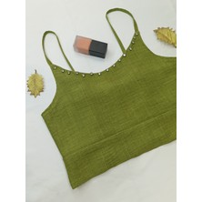 Taşlı Keten Crop Büstiyer