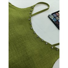 Taşlı Keten Crop Büstiyer
