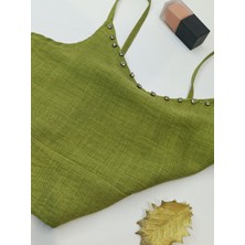 Taşlı Keten Crop Büstiyer