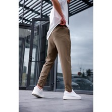 Erkek Haki Renk Esnek Likralı Fermuar Detaylı Jogger Pantolon
