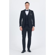 Siyah Kılıç Yaka Tek Düğme Slim Fit Yelekli Ceremony Takım Elbise 1001250200