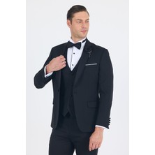 Siyah Mono Yaka Tek Düğme Slim Fit Yelekli Ceremony Takım Elbise 1001250201