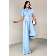 Neşeli Butik Kadın Gömlek Yaka Kemerli Geniş Paça Tulum NBK4197