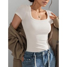 Wearflawless Kadın Göğüs Dekolteli U Yaka Fitilli Bluz,t-Shirt