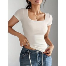 Wearflawless Kadın Göğüs Dekolteli U Yaka Fitilli Bluz,t-Shirt