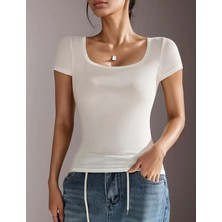 Wearflawless Kadın Göğüs Dekolteli U Yaka Fitilli Bluz,t-Shirt