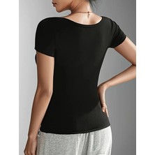 Wearflawless Kadın Göğüs Dekolteli U Yaka Fitilli Bluz,t-Shirt