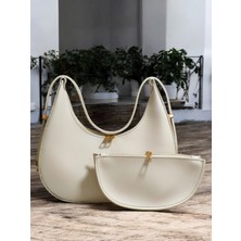 Kadın Krem Ay Baget Ayarlanabilir Askılı Yavrulu Cüzdanlı Kaliteli El ve Omuz Çantası