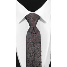 Siyah Zemin Üzerine Bordo Şal Desenli Mikrofiber Kravat ve Mendil Takımı - 7 cm Modern Kesim