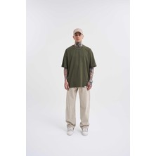Erkek Basic Super Pamuklu Oversize Koyu Haki Tişört