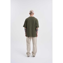 Erkek Basic Super Pamuklu Oversize Koyu Haki Tişört