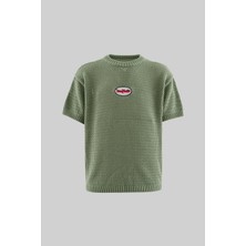 Machinist Mchnst Knıt Y2K Embroıdery Detaıled Tee Su Yeşili