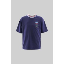 Machinist Erkek Striped Collar And Embroidered Oversize Lacivert Tişört