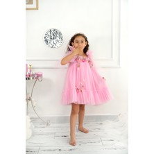 Kız Çocuk Omuzdan Fiyonklu Bağlamalı Askılı Çiçekli Tül Elbise