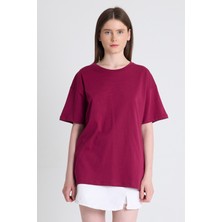 Bordo Arka Yazı Baskılı Kalpli %100 Pamuk Oversize Tişört 2150-33M