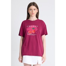 Bordo %100 Pamuk Yazı Baskılı Tişört 2150-15M