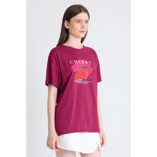Bordo %100 Pamuk Yazı Baskılı Tişört 2150-15M
