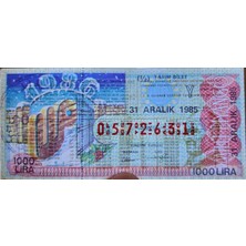 Banknoting Eski Milli Piyango 31 Aralık 1985 Yarım Bilet. 7. Emisyon 10 Lira Kağıdına Basılmış Yılbaşı 1/2 Bilet 1000 Lira T Serisi. Nadir.